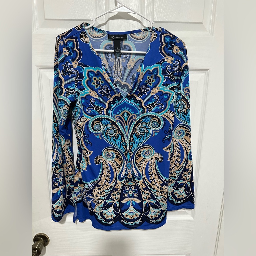 INC International Concepts Blue and Tan Paisley Blouse